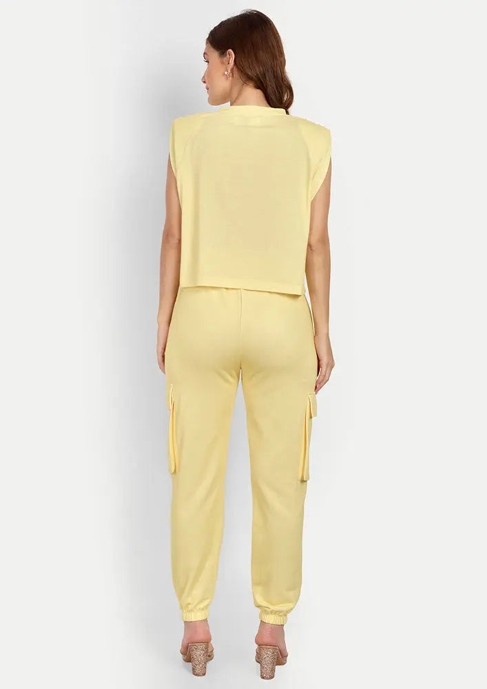 Yellow Cat Print Sleeveless Top With Cargo Joggers Set IKI CHIC Private Ltd
