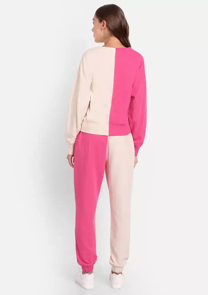 Hot Pink and Off White Colour Blocking Track Suit Set IKI CHIC