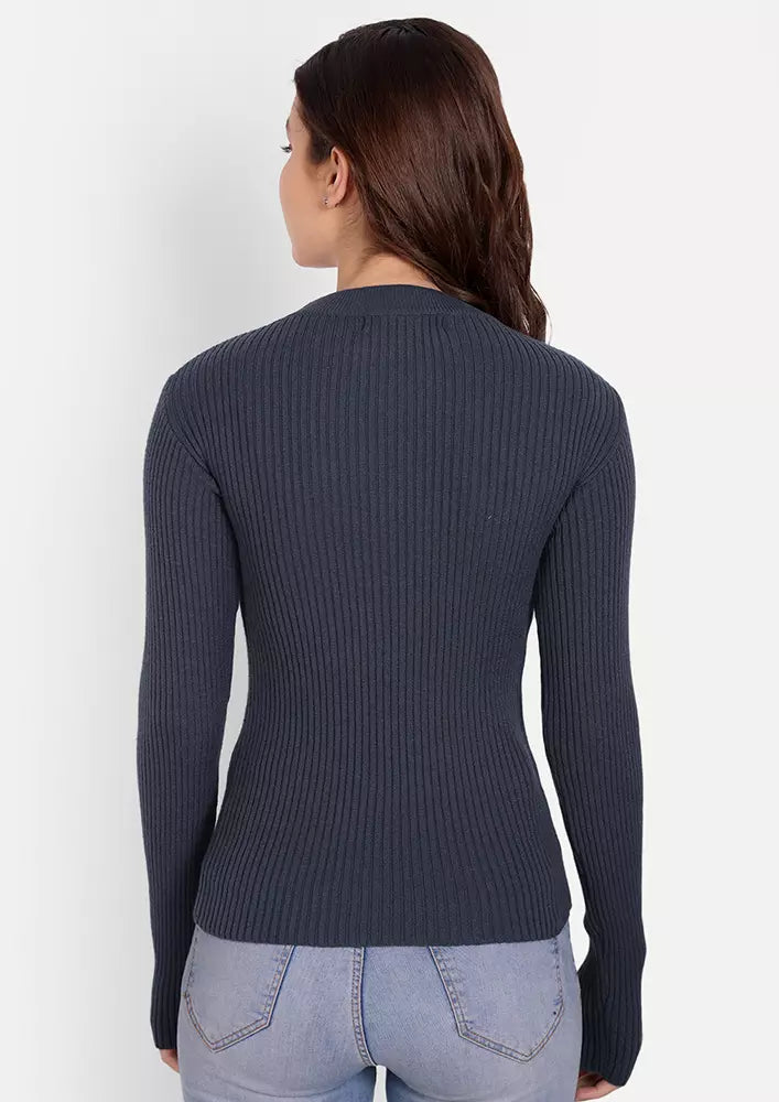 Blue Crew Neck Sweater With Cutout Detailing & Golden Buttons