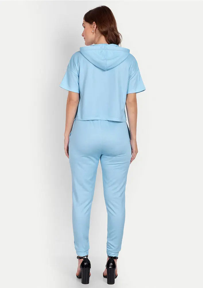 Blue Giraffe Print Zip-Up Hooded Crop Sweatshirt And Joggers Set IKI CHIC Private Ltd