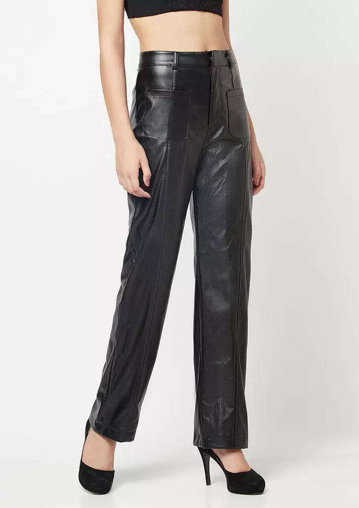 BLACK FAUX LEATHER PINTUCK DETAIL STRAIGHT LEG PANTS IKI CHIC Private Ltd
