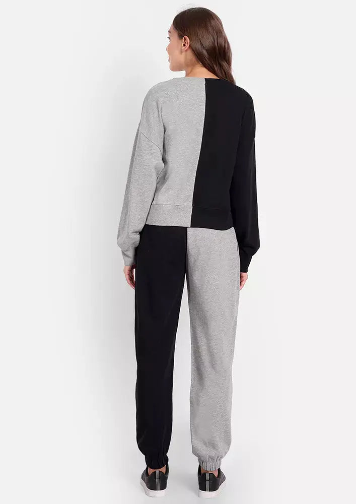 Black- Grey Round Neck Colourblocked Jogger Set IKI CHIC