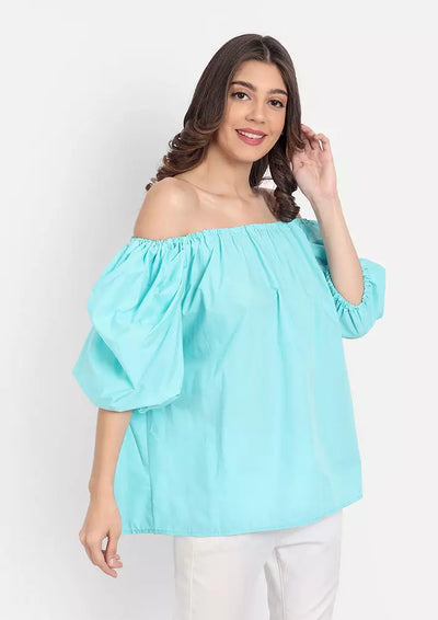 Turquoise Off Shoulder Balloon Sleeve Top
