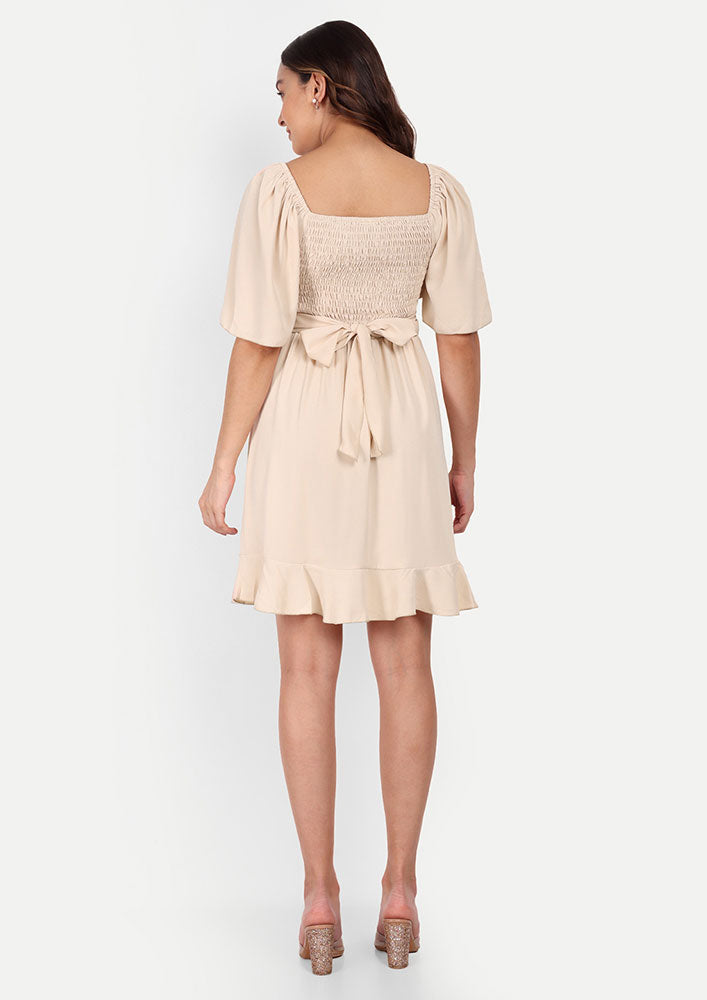 Beige Wrap Skater Dress With Ruffle Detailing