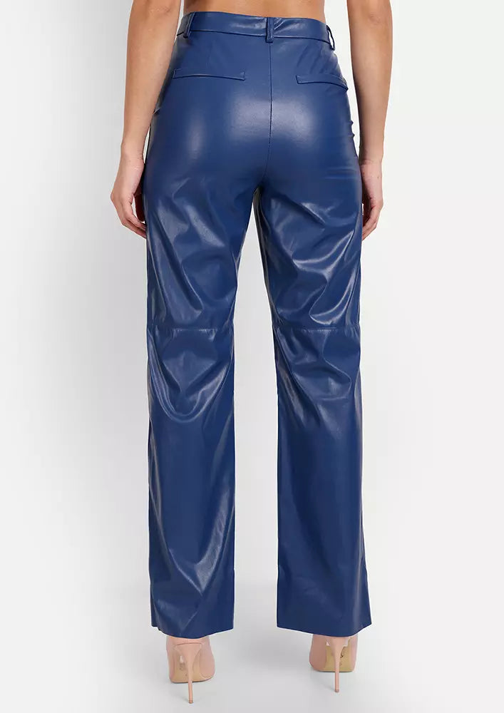 Blue Faux Leather High Waist Wide Leg Pants