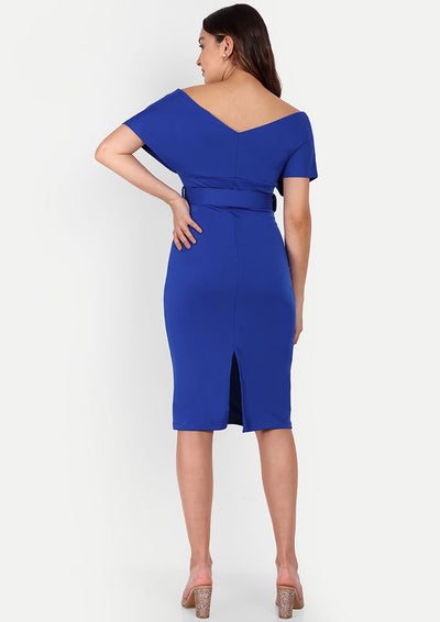 Blue Midi Bodycon Dress With A Wrap Off-Shoulder Design And A Waist Belt