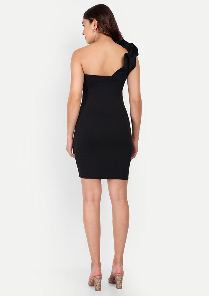 Black Bodycon One Shoulder Mini Dress With Sweetheart Neck Design