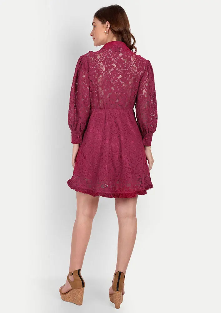 Viva Magenta Floral Lace Skater Dress With Fringe Detailing IKI CHIC Private Ltd