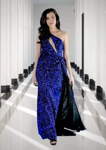 Navy Blue Sequin One Shoulder Long Split Gown