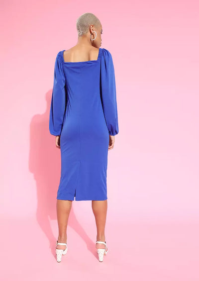 Solid Puff Sleeve Detail Bodycon Fit Midi Dress blue