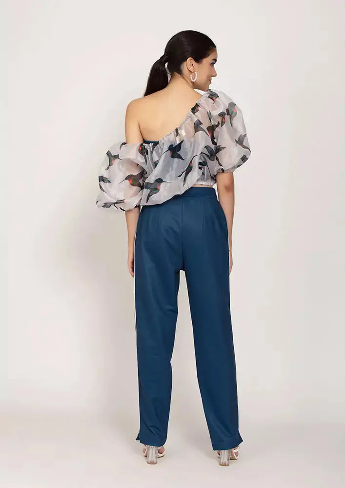 Bird Print Organza Balloon Top With Blue Straight Leg Pants And Tube Inner IKI CHIC Private Ltd