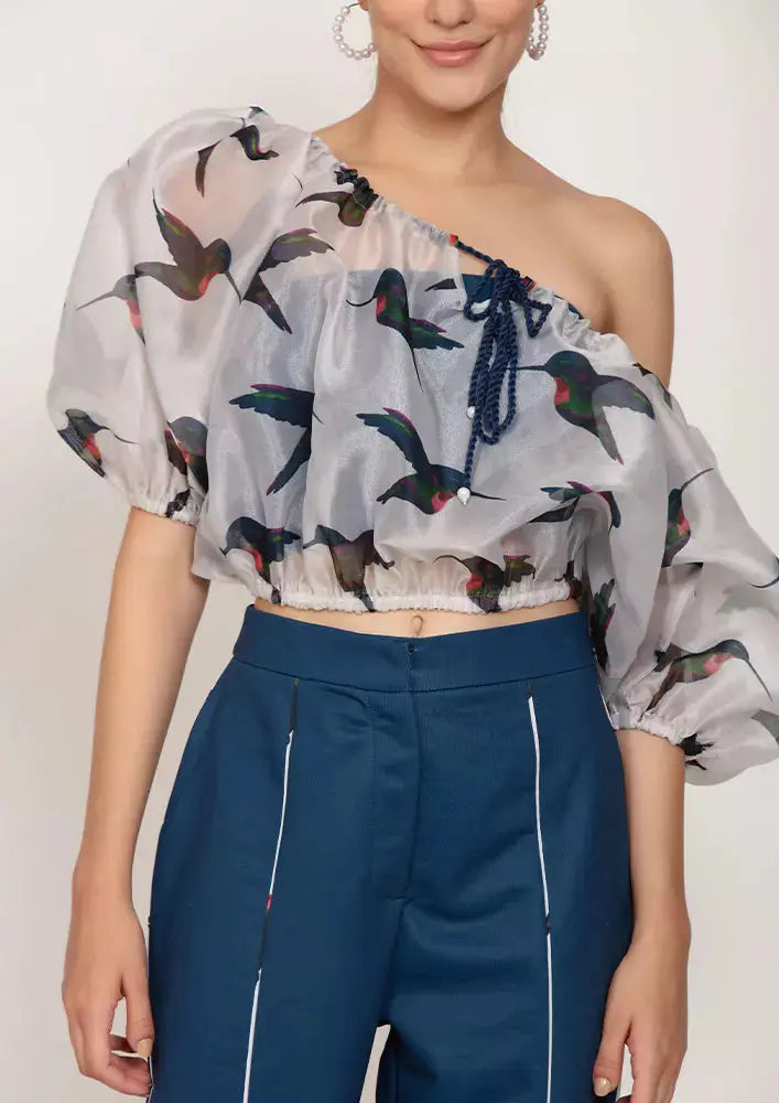 Bird Print Organza Balloon Top With Blue Straight Leg Pants And Tube Inner IKI CHIC Private Ltd