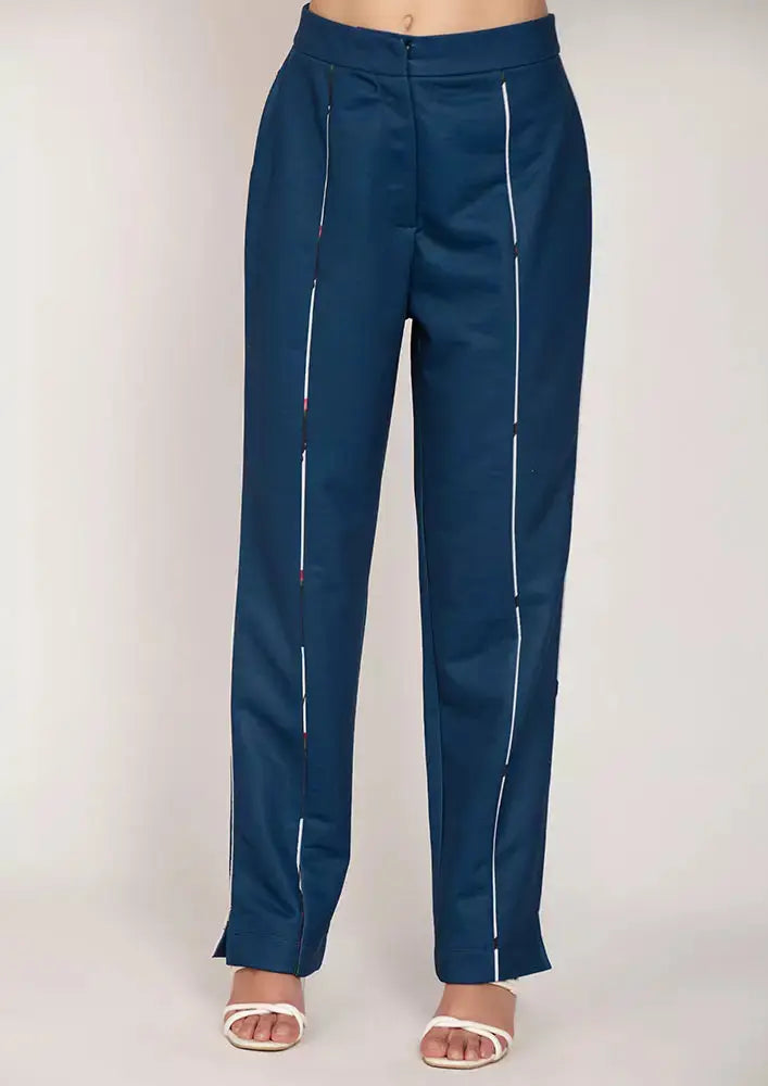 Bird Print Organza Balloon Top With Blue Straight Leg Pants And Tube Inner IKI CHIC Private Ltd