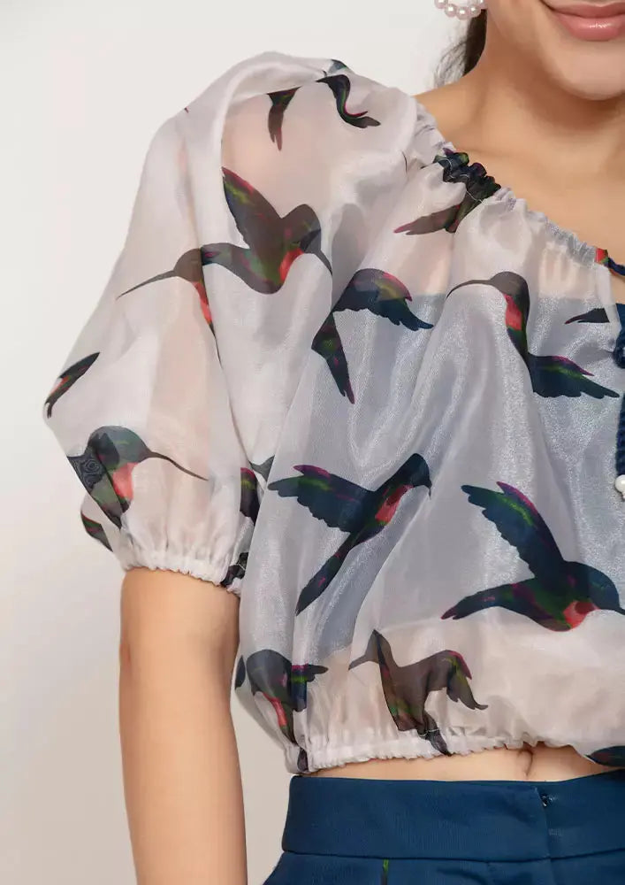 Bird Print Organza Balloon Top With Blue Straight Leg Pants And Tube Inner IKI CHIC Private Ltd