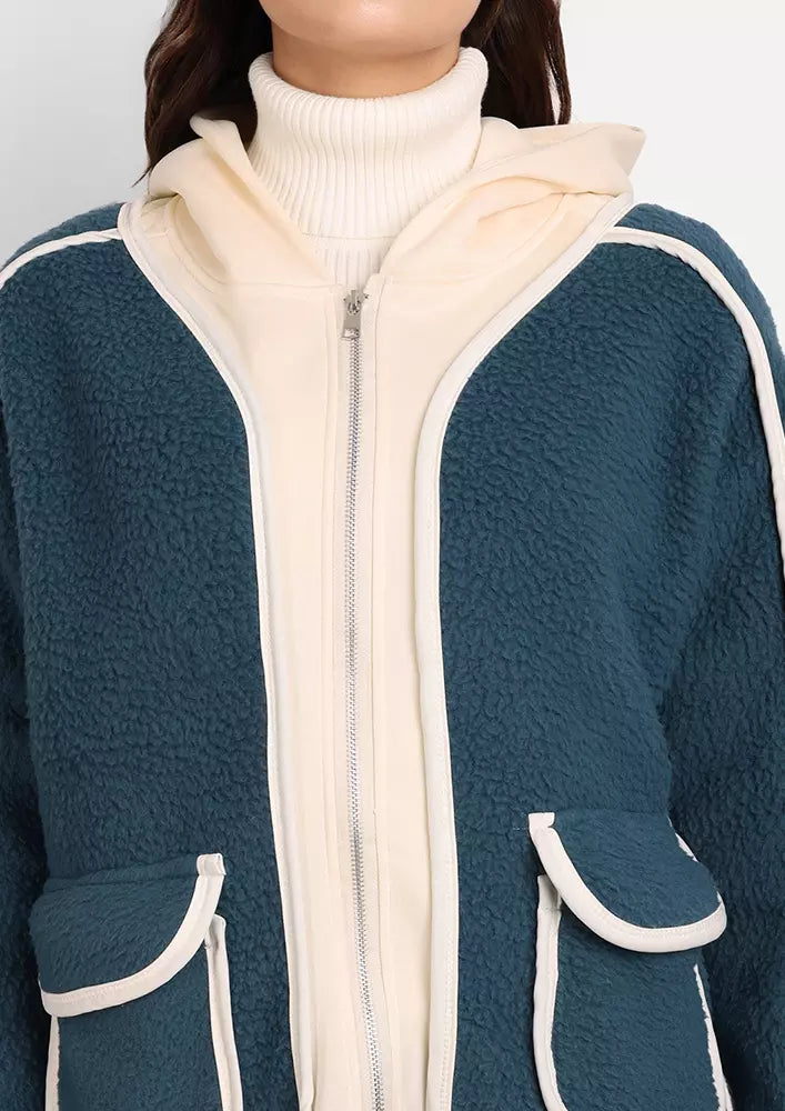 Navy Blue With White Contrast Binding Hooded Teddy Jacket