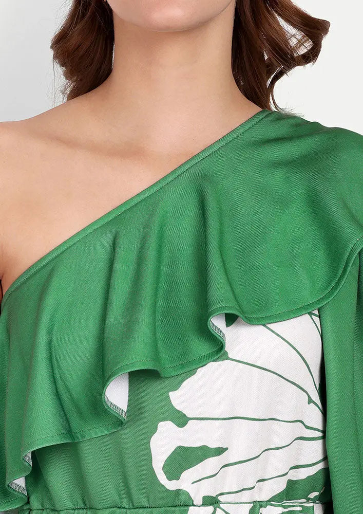 Green Floral Print One Shoulder Ruffle Design Jumpsuit IKI CHIC Private Ltd