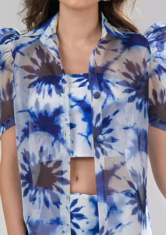 Three Piece Blue Splash Print Organza Puff Sleeve Shirt And Straight Pants With Tube Inner