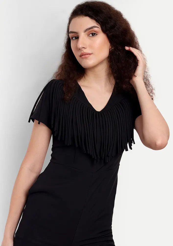 Black High Waisted Jumpsuit With V-Neckline And Fringe Detailing IKI CHIC Private Ltd