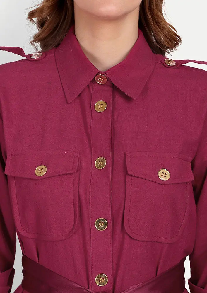 Viva Magenta Linen Shirt With Golden Button Detailing And High Waisted Lace Pants IKI CHIC Private Ltd