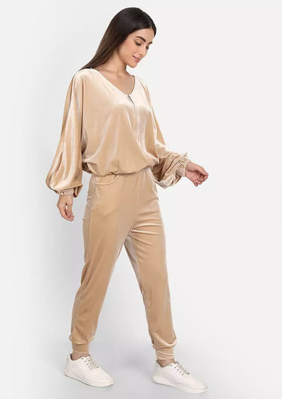 Beige Velvet Front Zipper Jacket And Joggers Set