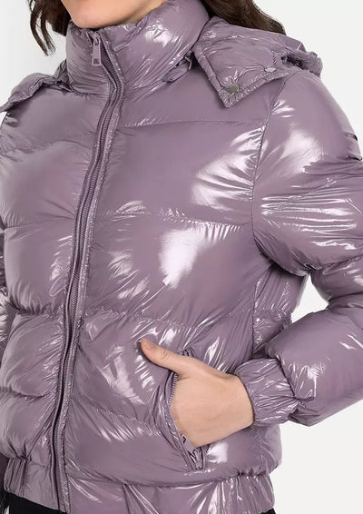 Purple Quiltted Tafetta Bomber Jacket With Hoodie