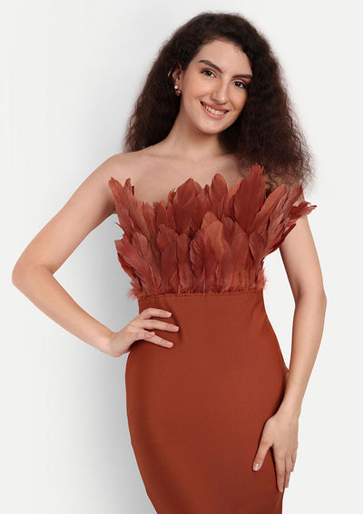 Brown Bodycon Strapless Midi Dress With Feather Detailing