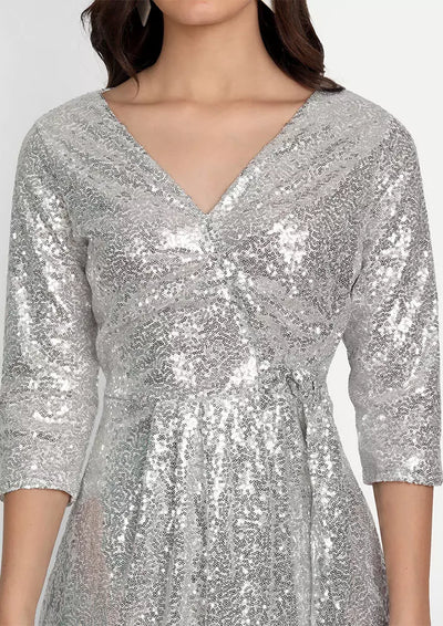 V-Neck Wrapover Front Tie-Up Silver Sequin Dress
