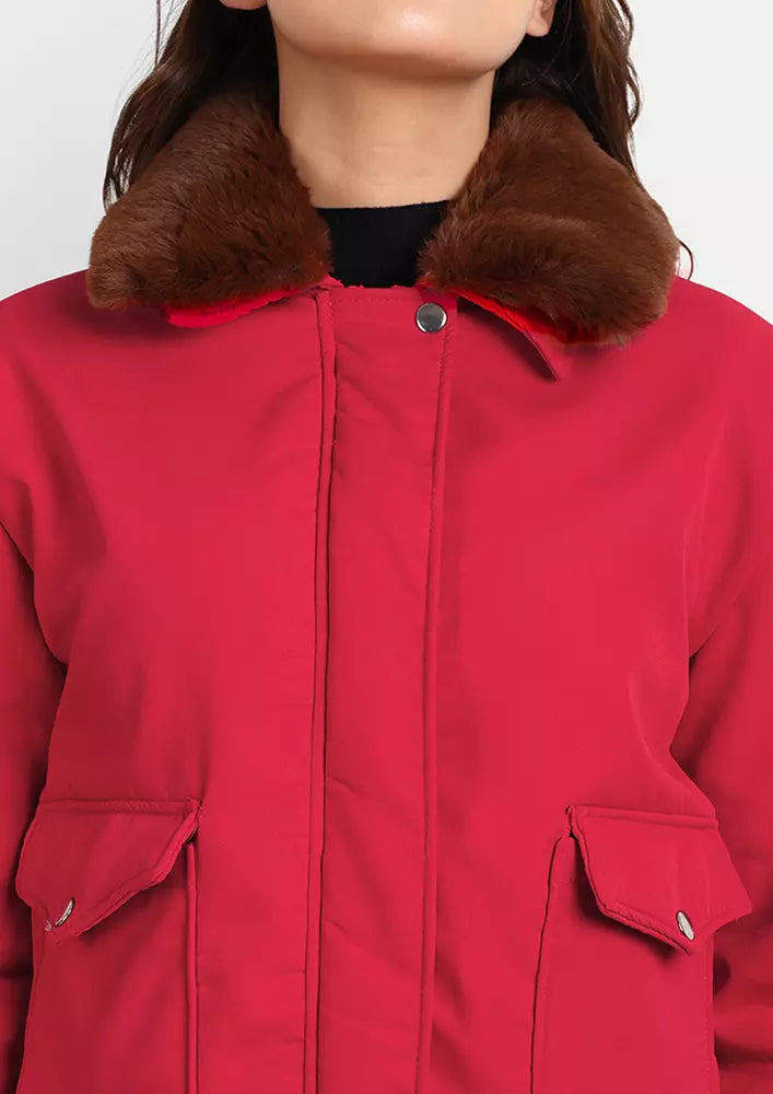 Red Suede Jacket With Contrast Faux Fur Collar