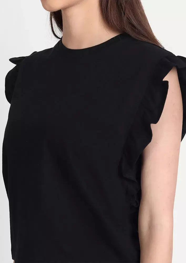 Black Ruffle Cap Sleeve Top IKI CHIC Private Ltd