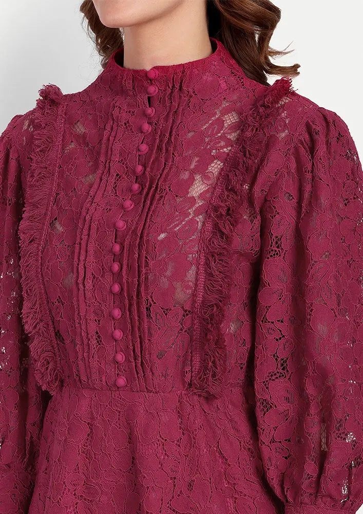 Viva Magenta Floral Lace Skater Dress With Fringe Detailing IKI CHIC Private Ltd