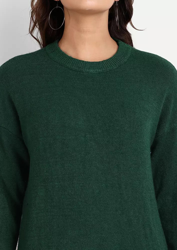 Dark Green Knitted Round Neck Long Sweater With Slit