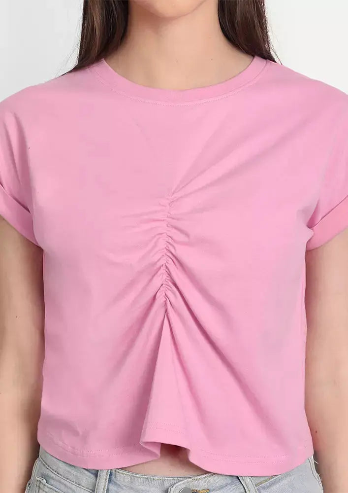 Pink Front Gathered Short Sleeve Top IKI CHIC Private Ltd