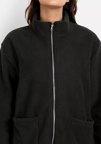 Black Borg Fur Zipper Jacket With Patch Pockets