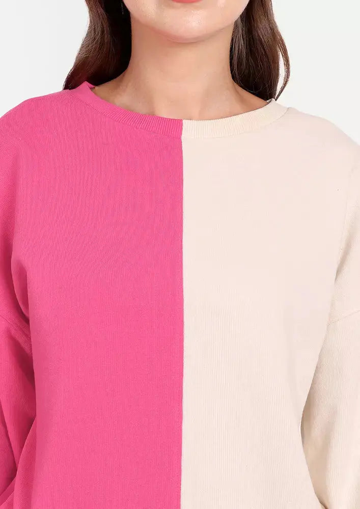 Hot Pink and Off White Colour Blocking Track Suit Set IKI CHIC