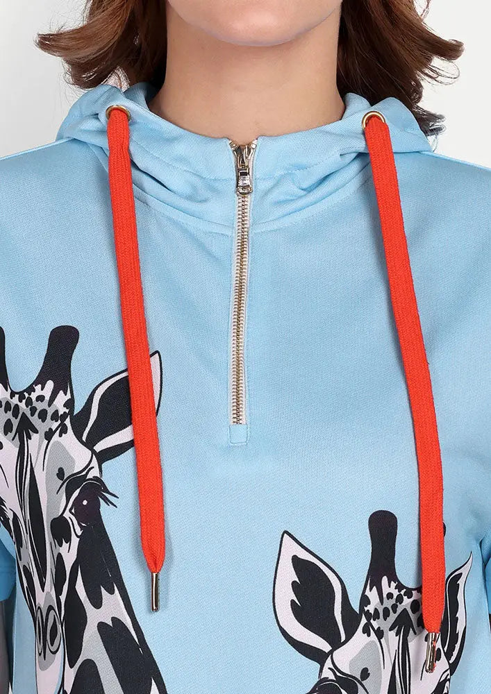 Blue Giraffe Print Zip-Up Hooded Crop Sweatshirt And Joggers Set IKI CHIC Private Ltd
