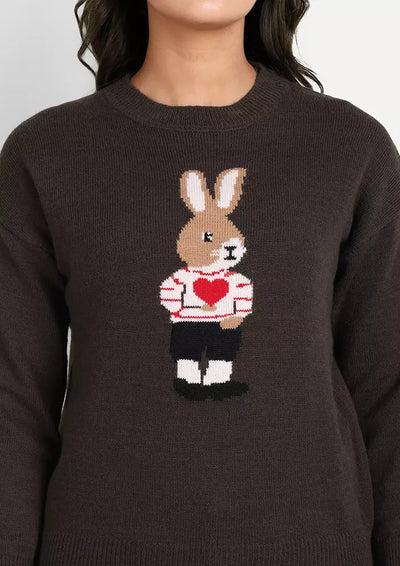 Brown Knitted Pullover With Rabbit Pattern