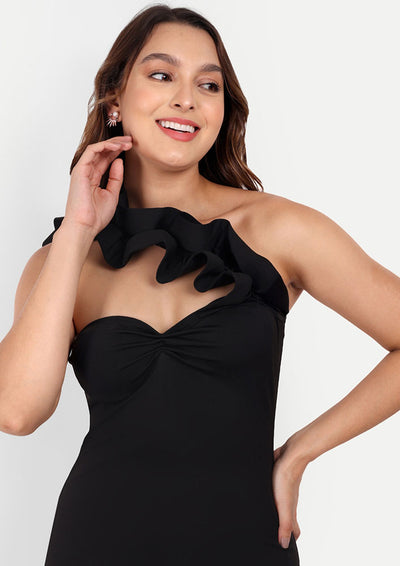 Black Bodycon One Shoulder Mini Dress With Sweetheart Neck Design