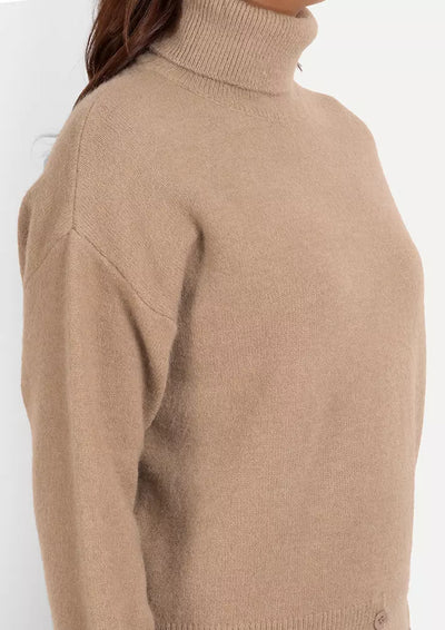 Beige Turtleneck Button Detail Knitted Sweater