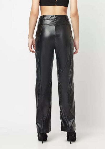 BLACK FAUX LEATHER PINTUCK DETAIL STRAIGHT LEG PANTS IKI CHIC Private Ltd
