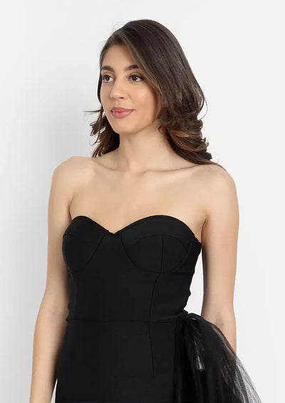 Black Bandeau Bodycon Midi Dress With Tulle Detailing