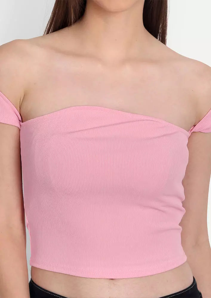 Soft Pink Asymmetric Neckline Rib Crop Top