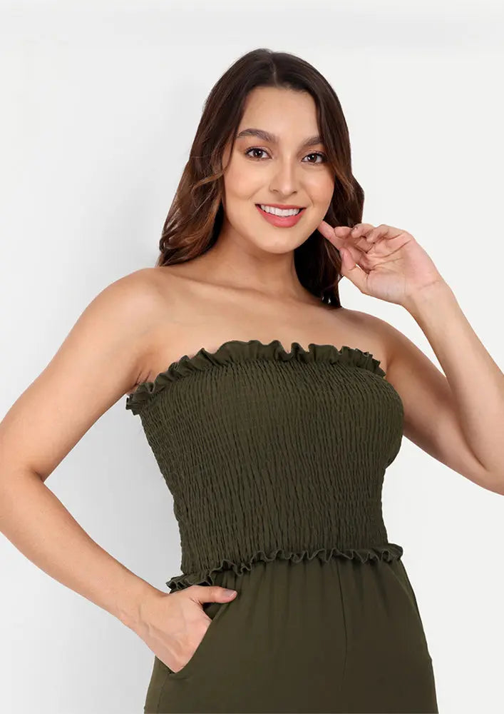 Army Green Off-Shoulder Wide Leg Jumpsuit IKI CHIC Private Ltd