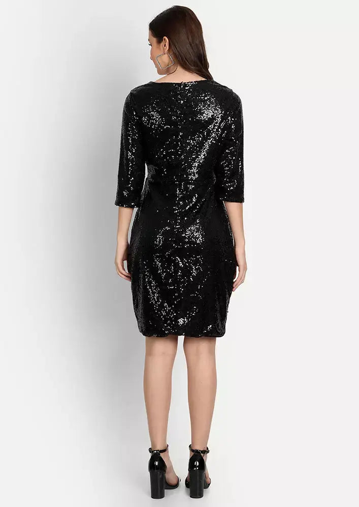 V-Neck Wrapover Front Tie-Up Black Sequin Dress IKI CHIC