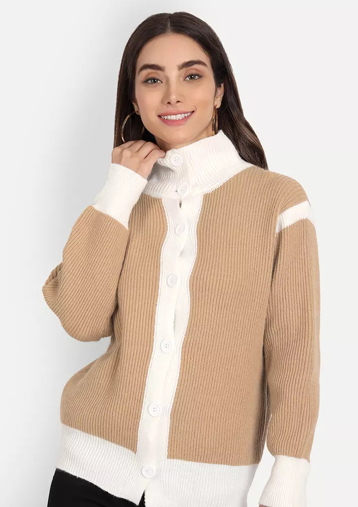 Beige Contrast Color Button Up Cardigan