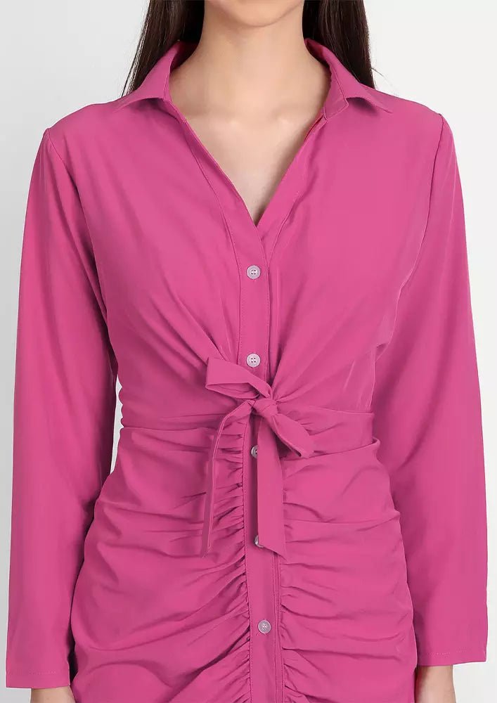 Pink Ruched Long Sleeve Tie-up Shirt Dress