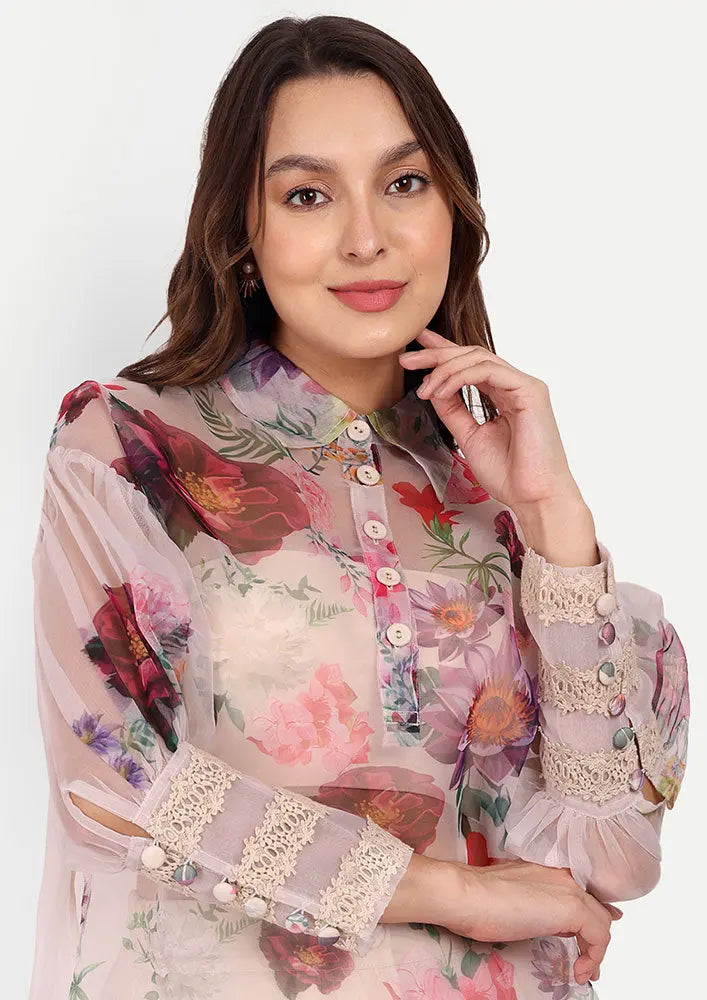 Organza Floral Print Oversize High-Low Top With Wide-Leg Pant Set IKI CHIC Private Ltd