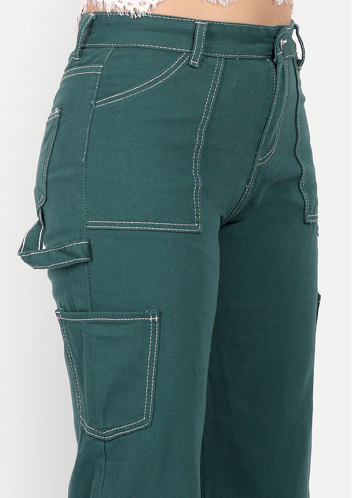 Green Wide-Leg Jeans With Contrast White Stitch Lines