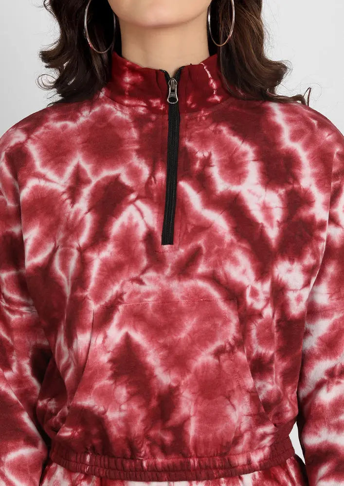 Red-White Zip-up Turtle Neck Tie-Dye Jogger Set IKI CHIC