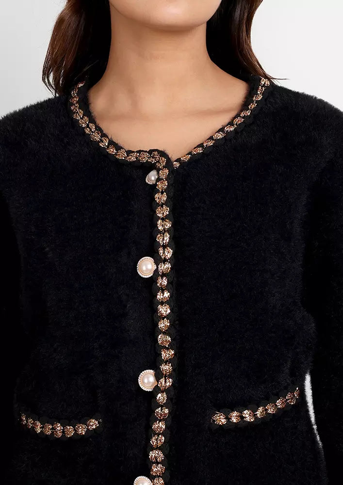 Black Short Mink Fur Front Button-Up Cardigan