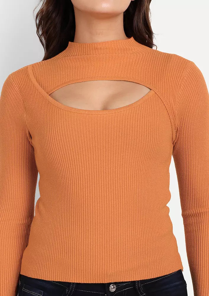 Caramel Mock Neck Pullover With Cutout Detailing